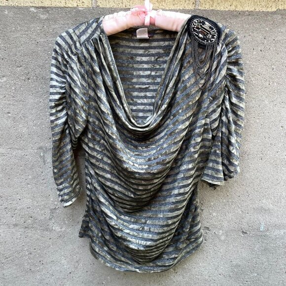 Green Striped Vintage 90s Grunge Top with Chain and Bead Detailing - Picture 1 of 5